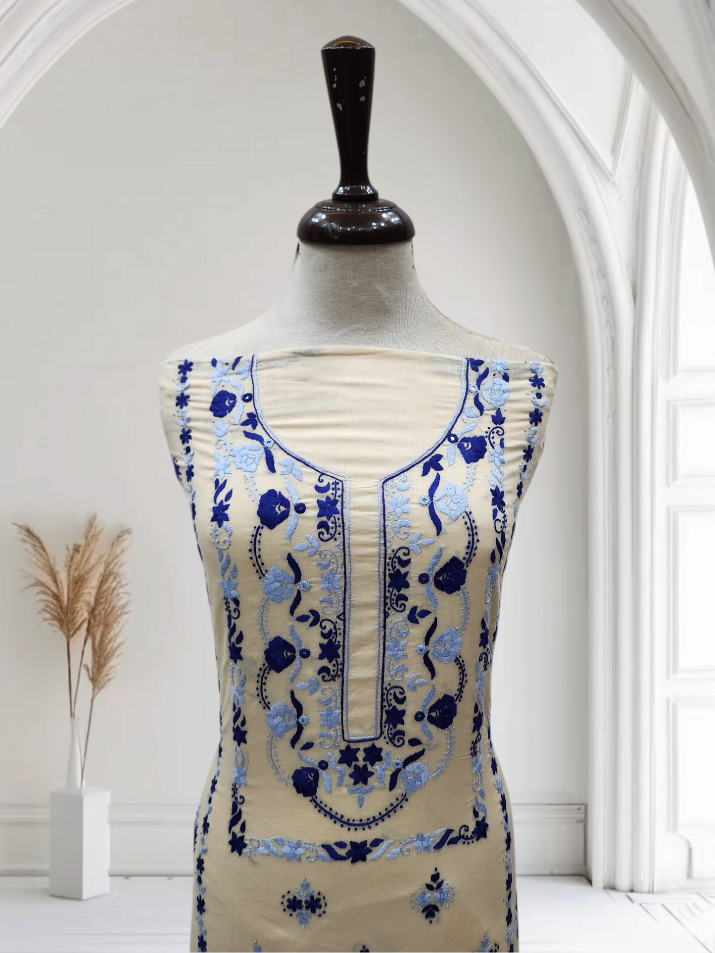 Ivory with double shade lawn hand embroidered shirt