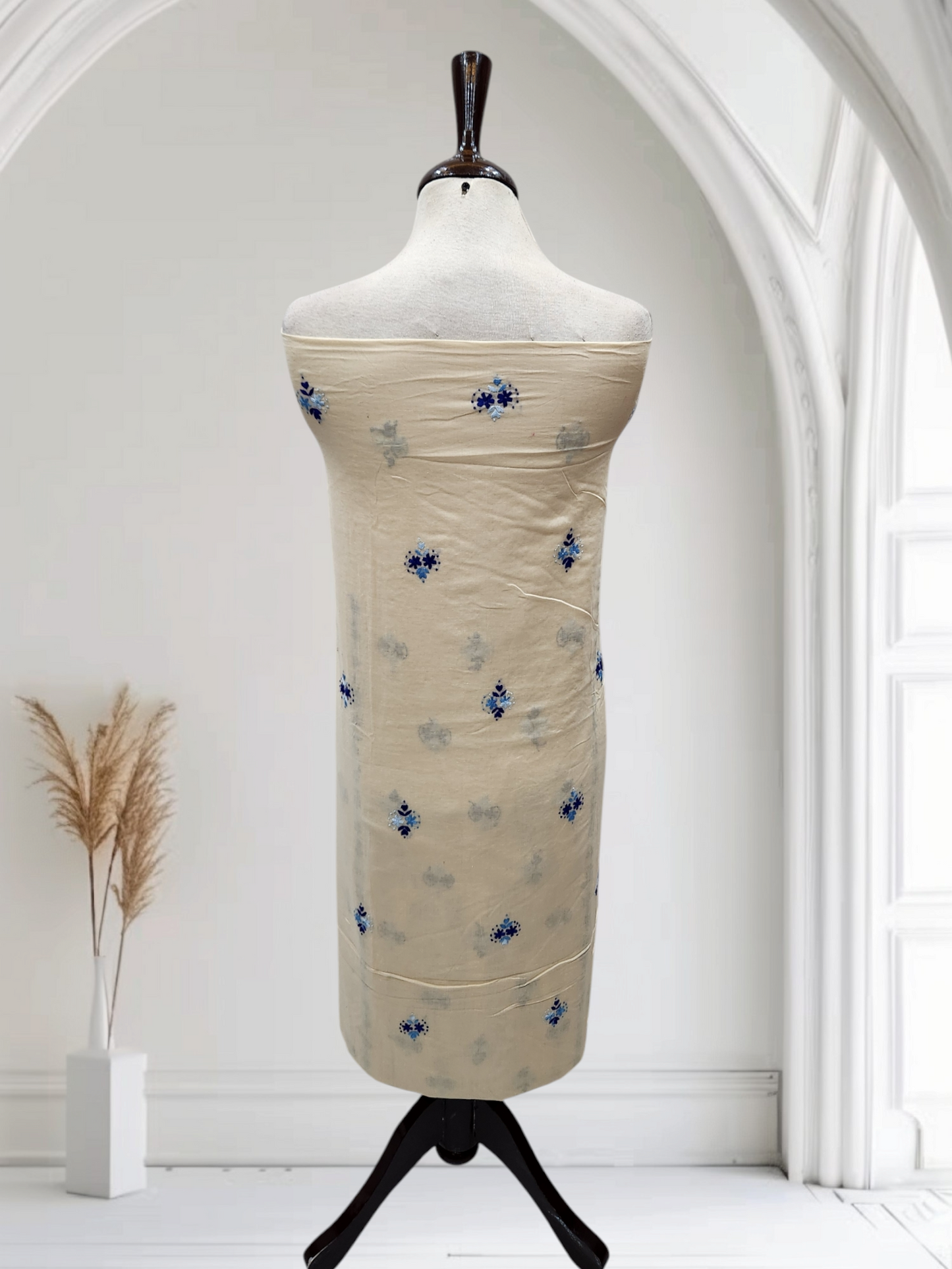 Ivory with double shade lawn hand embroidered shirt